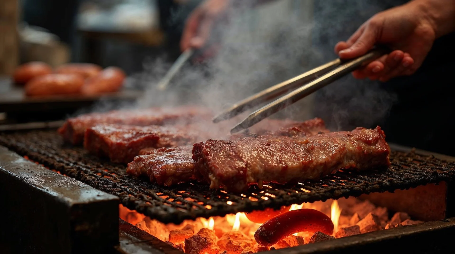 La parrilla trabajando, con carne y chorizos sobre las brasas