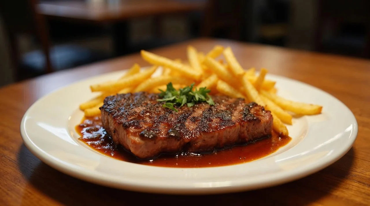 Bife de chorizo con papas fritas, servido en el salón