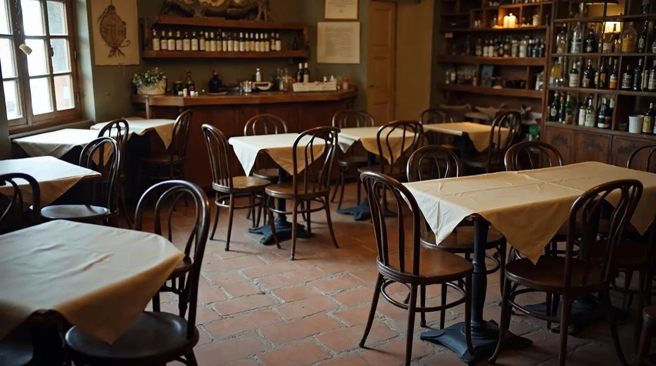 Salón del restaurante antes del servicio, con mesas puestas