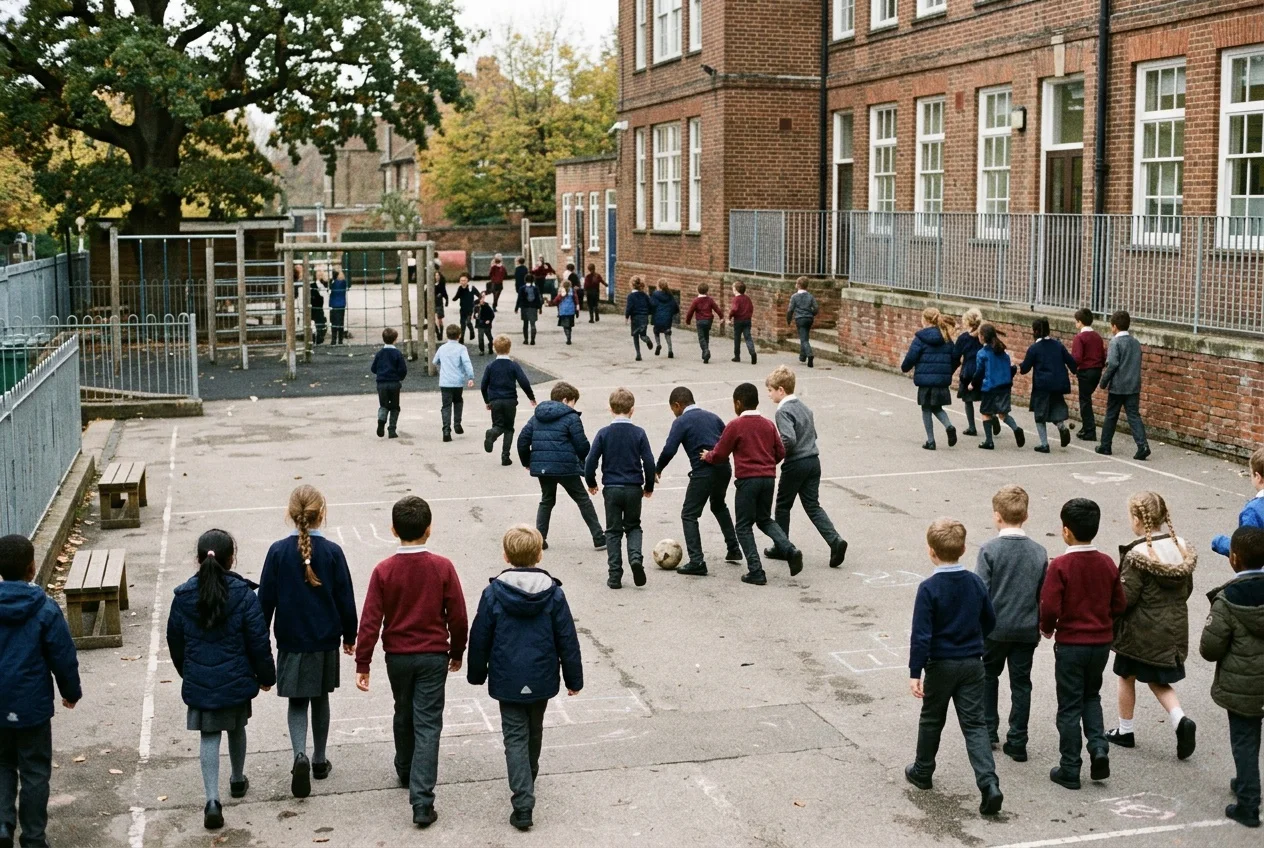 El patio de la escuela en el recreo, a distancia