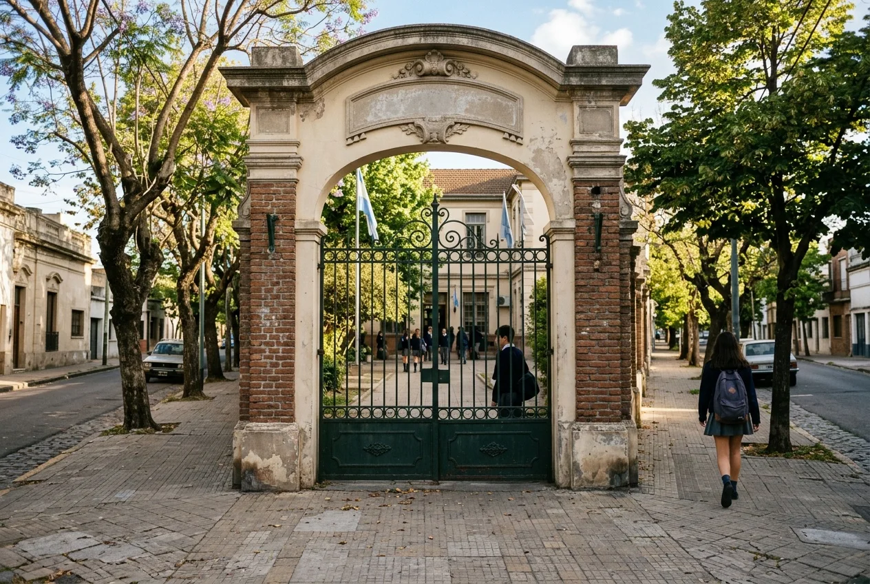 La entrada del colegio con su portón de hierro