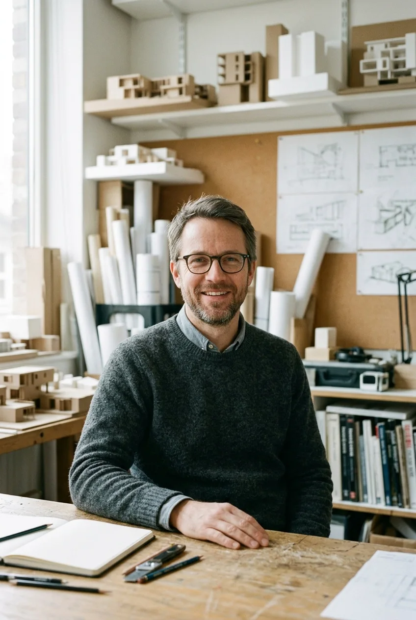 Arquitecto del estudio entre maquetas