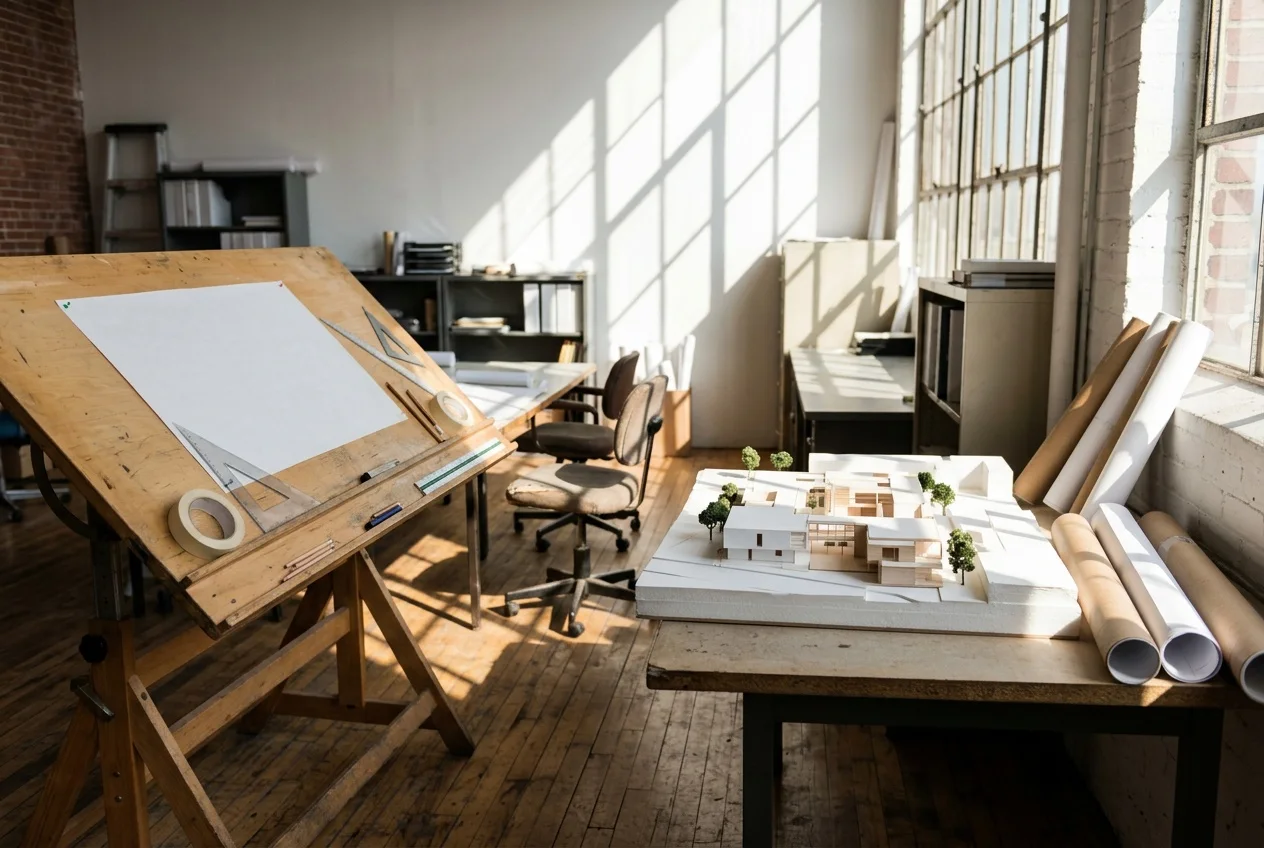 Mesa de dibujo con planos y maqueta