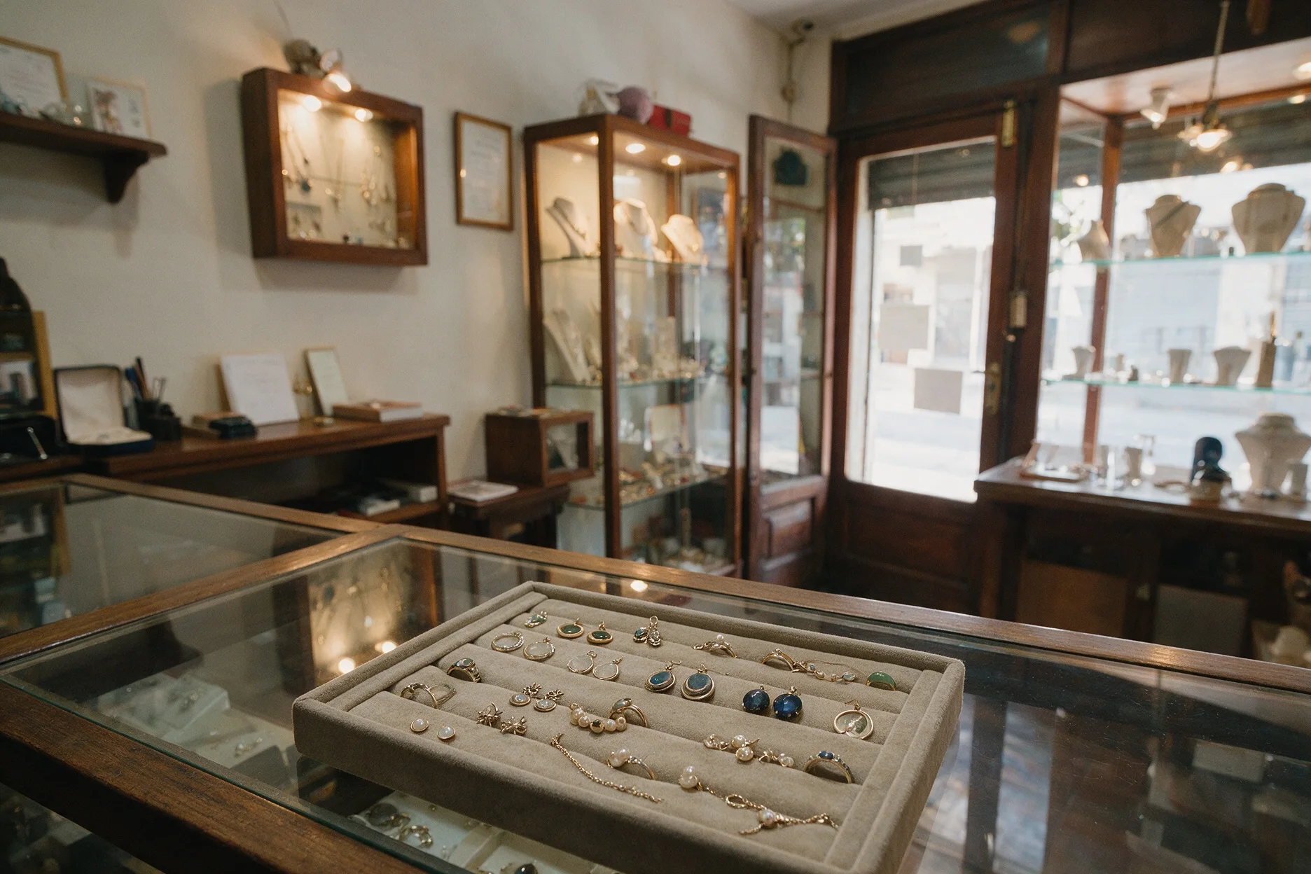 Vitrina de la joyería con bandeja de anillos