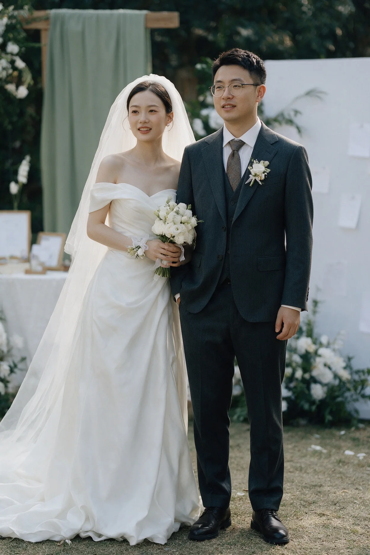 Retrato de una pareja de novios en el jardín