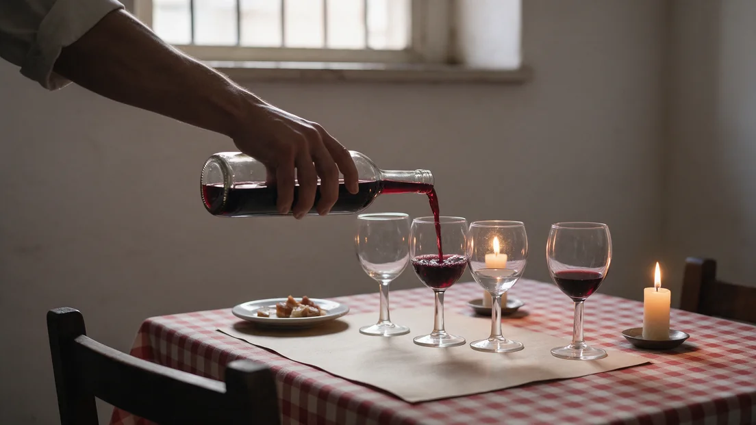 Un mozo sirviendo vino tinto en las copas de una cena con maridaje