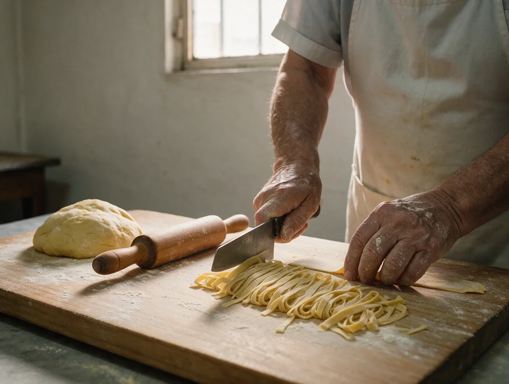 Las manos del cocinero cortando tallarines caseros sobre la tabla