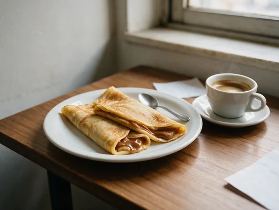 Panqueques con dulce de leche y un café