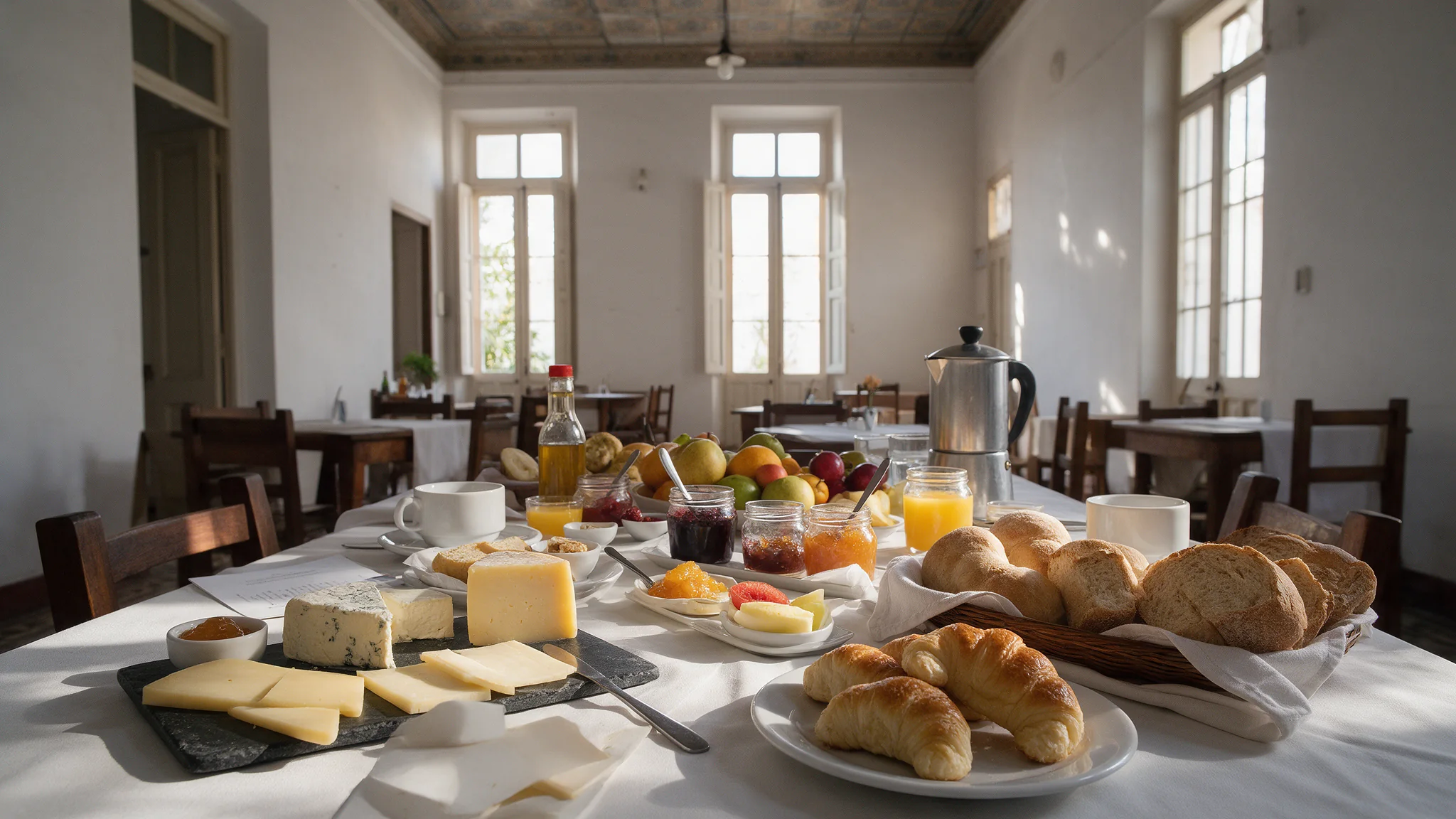 El desayuno servido en el comedor: quesos regionales, pan casero y dulces