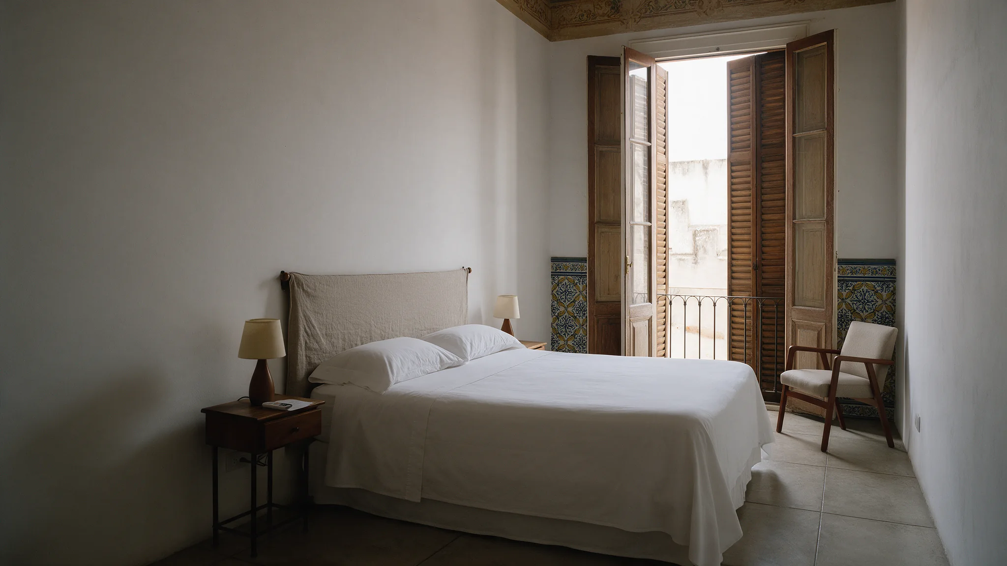 Habitación de techos altos con cama blanca y la ventana francesa abierta
