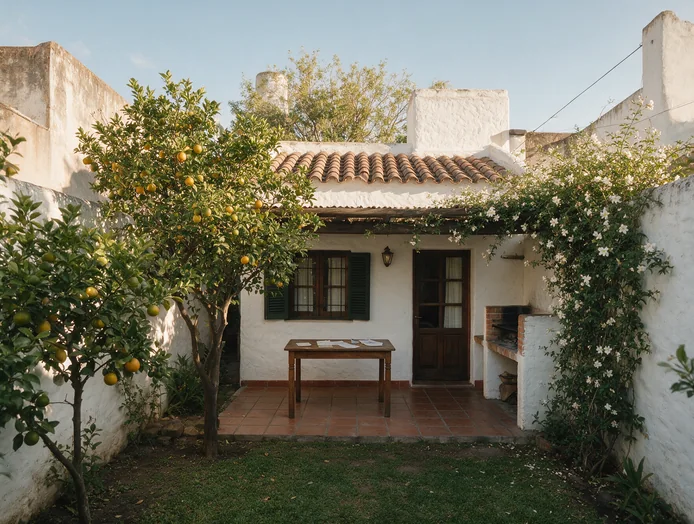 La cabaña del fondo del jardín, con galería, mesa y parrilla entre naranjos