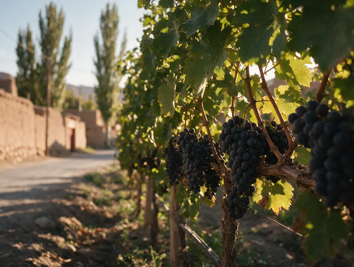 Racimos de uva a contraluz en un viñedo a la salida del pueblo