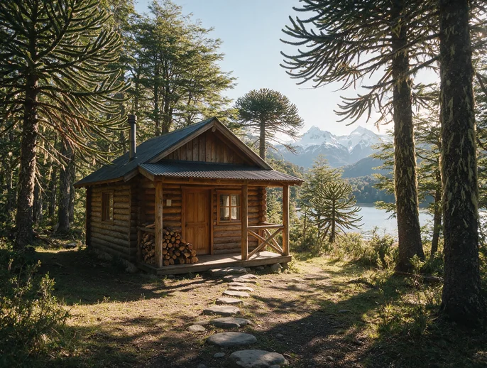 Cabaña del Bosque, de troncos, con galería y leña apilada, entre araucarias