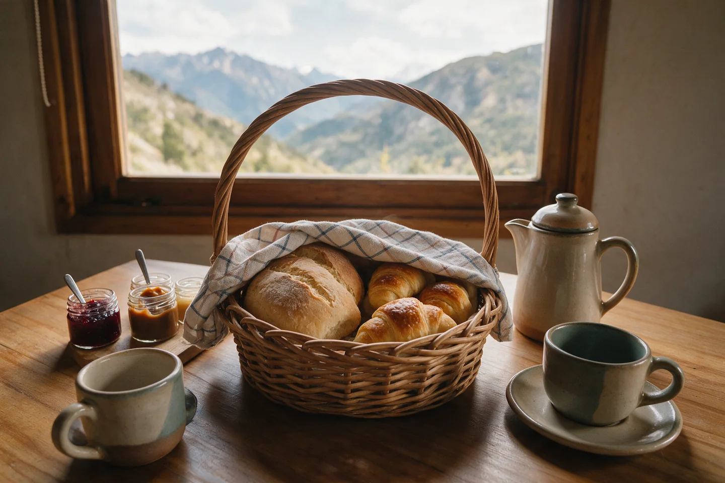 Canasta de desayuno con pan casero, medialunas y dulces, junto a la ventana