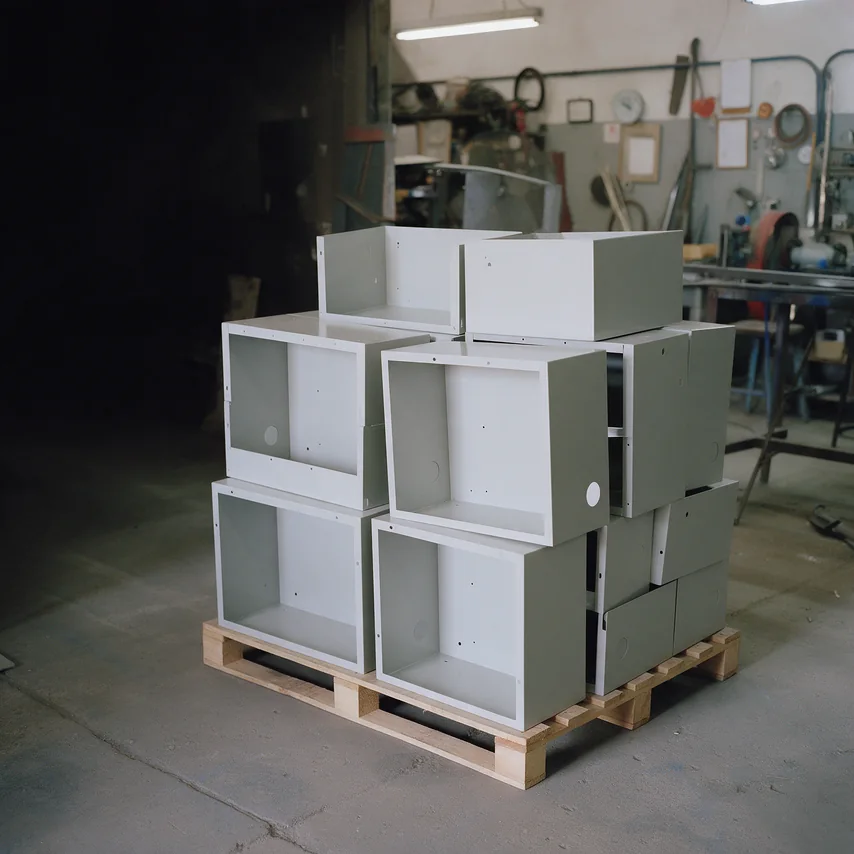 Gabinetes de chapa plegada y pintada, apilados sobre un pallet