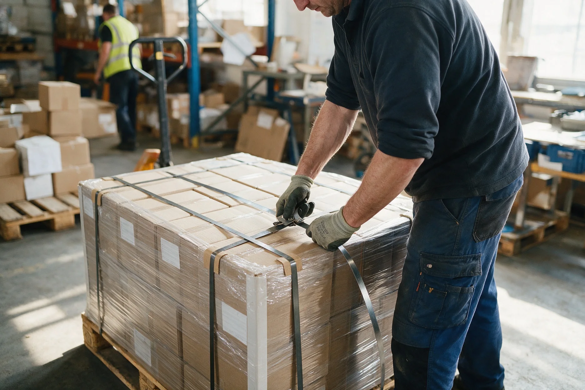 Operario preparando un pallet para despacho