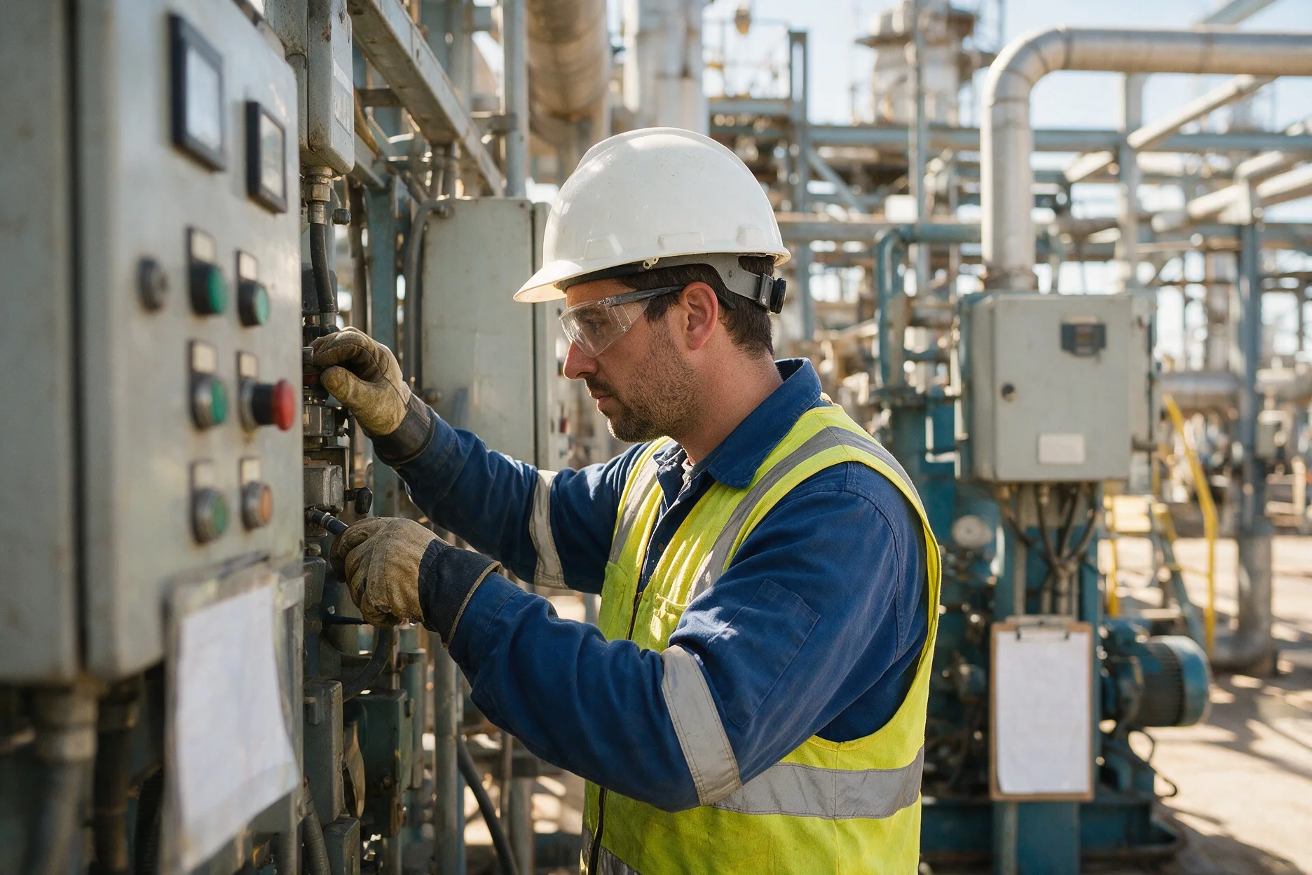 Técnico revisando un tablero en planta