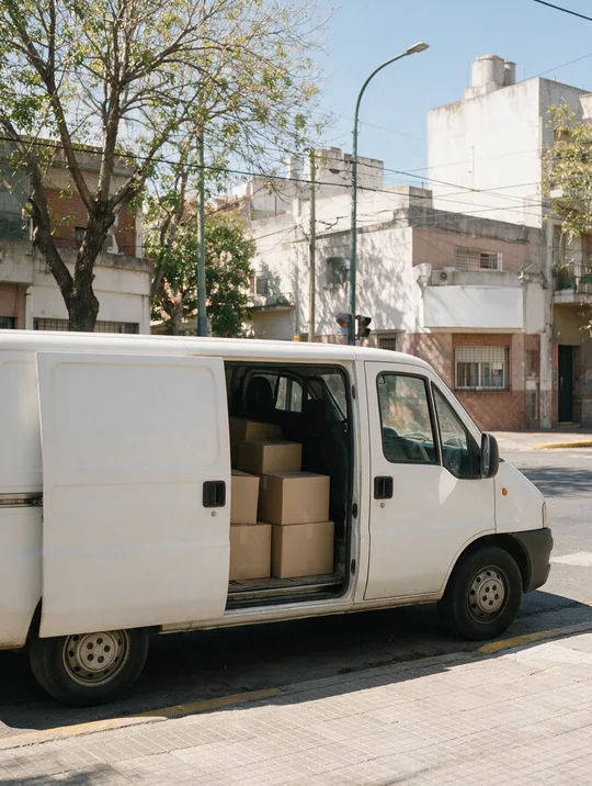 Utilitario de reparto con la puerta lateral abierta y cajas adentro