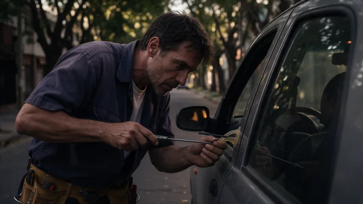 Cerrajero abriendo la puerta de un auto en la calle
