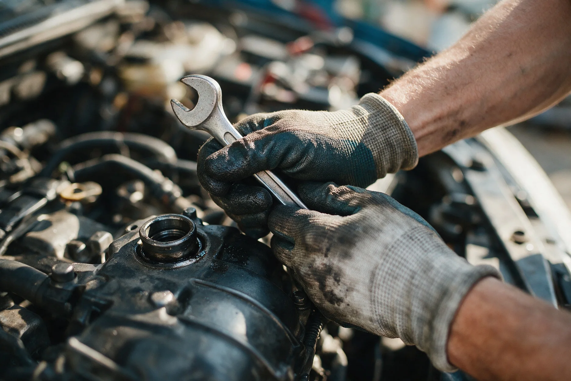 Manos de un mecánico trabajando en un motor