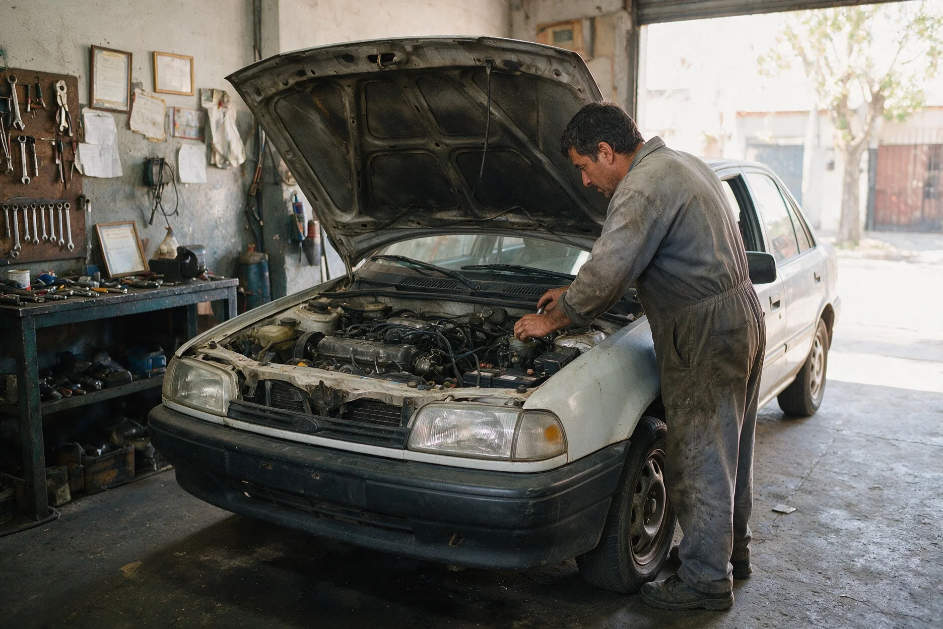 Un auto con el capó abierto en el taller