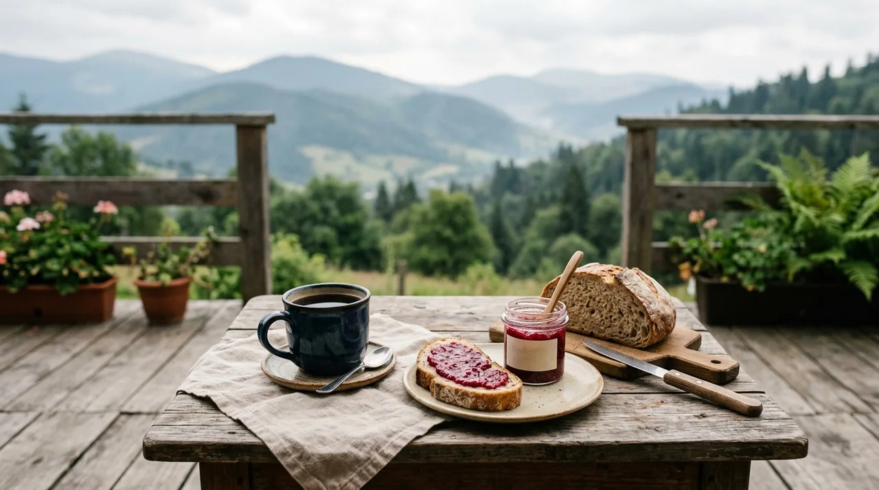 Mesa de desayuno con café, pan casero y mermelada, en una terraza de madera